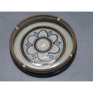 Stoneware Pottery Ashtray Glazed  Blue Floral Design Vintage 6 in Across Signed